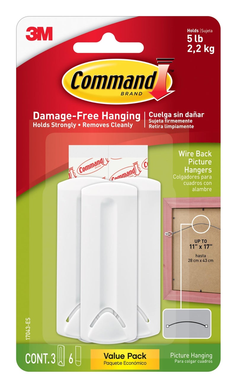Command Wire Back Hangers, Holds up to 3 lb, 3 Hangers with 6 Command Strips, Damage Free Hanging Picture Hangers for Wire Back Frames up to 11" x 17", No Tools Frame Hanger for Living Spaces - Image 1
